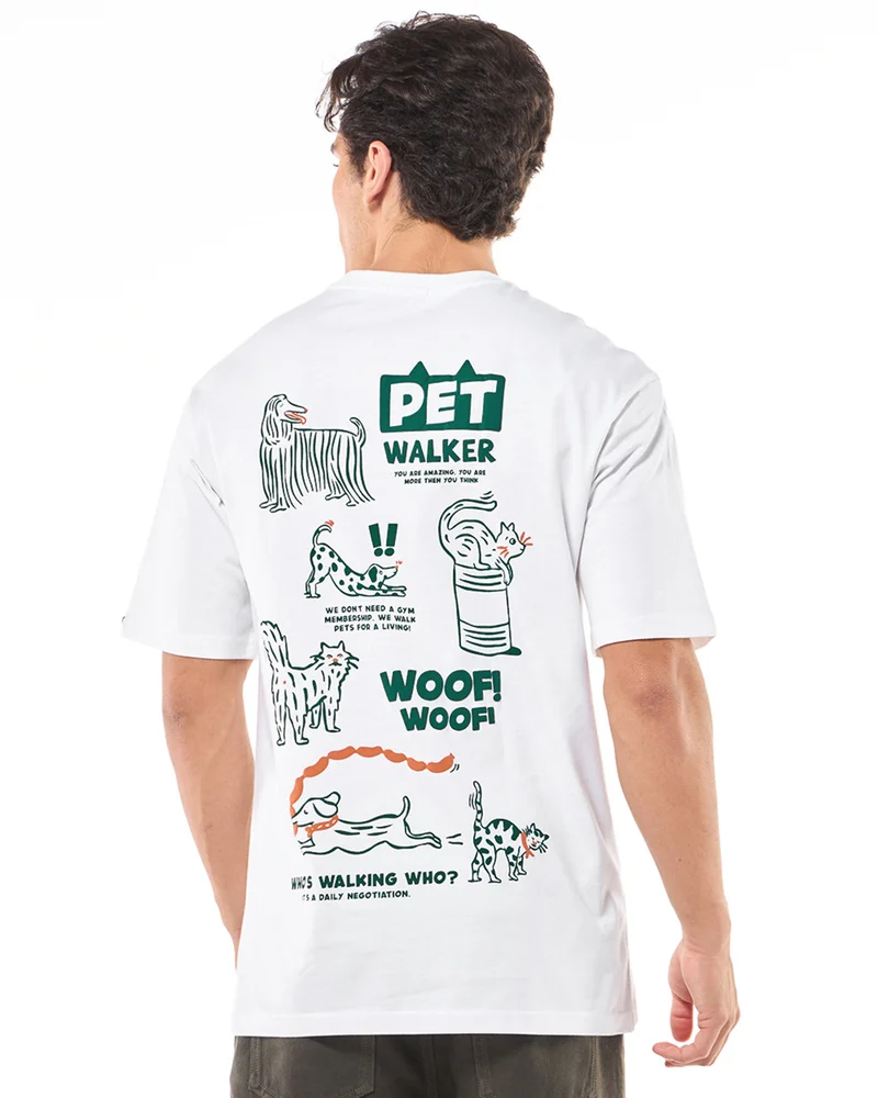 bewakoof Men's White Pet Walker Graphic Printed Oversized T-shirt